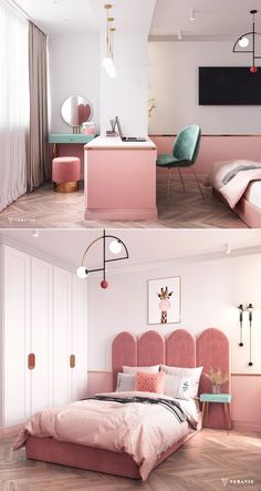 two photos of a bedroom with pink furniture