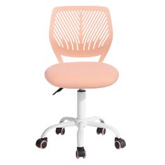 an office chair with wheels and a pink seat pad on the back, against a white background