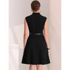 A classic dress with breathable fabric keeps you comfortable and gorgeous in spring, summer, autumn, and winter. Make this elegant above-knee-length dress your fashion priority, which is designed with a split neck, and fitted waistline. A functional high waist with belt loops, a tying sash belt, and ends at a flared skirt. Wear it with high heels and flat shoes for an elegant and casual look. Black A-line Dress For Office Wear, Knee-length Summer Dresses For Office Wear, Knee-length Summer Dress For Office, Summer Knee-length Dresses For Office Wear, Fit And Flare Sleeveless Midi Dress For Work, Fit And Flare Midi Sleeveless Dress For Work, Summer A-line Office Dress, Fit And Flare Knee-length Workwear Mini Dress, Elegant Fit And Flare Sleeveless Dress For Spring