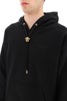 100% cotton Luxury Cotton Sweatshirt With Embroidered Logo, Luxury Cotton Sweatshirt For Fall, Luxury Cotton Crew Neck Sweatshirt, Designer Cotton Sweatshirt With Logo Detail, Luxury Cotton Hoodie With Logo Detail, Luxury Black Cotton Sweatshirt, Designer Cotton Sweatshirt With Ribbed Cuffs, 2023 Color, Versace Sweatshirt