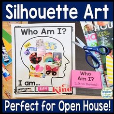 an open house poster with scissors and other items on the table in front of it that says, who am i? perfect for open house