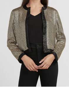 EXPRESS Gold Black Trim Sequin Embellished Contrast Jacket Blazer Top Size Small. Red Suede Jacket, Tube Top Bra, Womens Black Vest, Blazer Cardigan, Blazer Top, Gold Jacket, Olive Green Jacket, Black Suit Jacket, Paper Wrapping