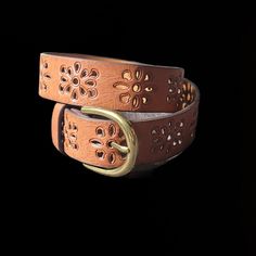 Brown Belt With Flowers Cutout Design, With Gold Buck. Ladies Please Measure, This Belt Is 31.5 Inches Long! Brown Belt Gold Buckle, Thick Brown Belt, Cute Belts For Women, Belt Buckles Womens, Vintage Brown Belt, Cottagecore Belt, 70s Belts, Fall Belts, Fun Belts