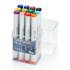 a clear container filled with lots of different colored markers