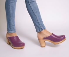 "The clogs are available in white, yellow, purple, red, black, deep brown, grey, hot pink, blue, navy blue, cappuccino, camel brown. Heel high 3\". Our handmade wooden clogs are made in a traditional European shoemaker workshop. ~made of finest European wood and natural leather ~anatomical footbed with arch support ~wooden sole covered with a thin rubber Our beautiful clogs are: ~perfect for every woman ~stylish and useful for casual wear ~perfect solution for looking both cute and comfortable ~ Summer Women Shoes, Clogs Women, High Heel Clogs, Moccasins Women, Swedish Clogs, Clog Heels, Bridesmaid Shoes, Leather Heels Sandals, Womens Summer Shoes