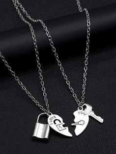 Fashionable and Popular 2pcs Men Letter Detail Heart Pendant Necklace Alloy for Jewelry Gift and for a Stylish Look Antique Silver Fashionable   Zinc Alloy     Men Fashion Jewelry, size features are:Bust: ,Length: ,Sleeve Length: Letter Bracelet Beads, Matching Necklaces For Couples, Bff Jewelry, Bff Bracelets, Blackpink Blink, Letter Bracelet, Birthday Outfits, Couple Jewelry, Matching Jewelry