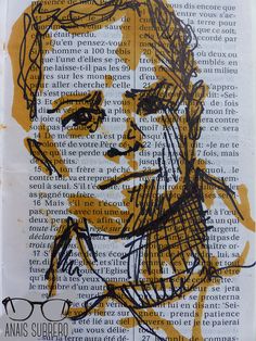 a drawing of a man's face on top of a book page with words written in spanish