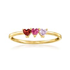 Ross-Simons - 1.70 ct. t. w. Multi-Gemstone Heart Ring in 14kt Yellow Gold. Size 8. RS Pure. Modern designs that complete your outfit and complement your personality. Sweet sparkle in a minimalist style! Indulge in our dainty ring, featuring a trio of 1.70 ct. tot. gem wt. heart-shaped garnet, rhodolite garnet and amethyst. Crafted in polished 14kt yellow gold. 1/8" wide. Multi-gemstone heart ring. Garnet birthstones are the perfect gift for January birthdays. Heart Cut Multi-stone Anniversary Rings, Fine Jewelry Heart Cut Multi-stone Rings, Heart Cut Birthstone Ring In 14k Gold, Yellow Gold Multi-stone Jewelry For Valentine's Day, Fine Jewelry Three Stone Heart Cut Rings, Fine Jewelry Heart Cut Three Stone Rings, Anniversary Multi-stone Heart Cut Rings, Valentine's Day Yellow Gold Multi-stone Jewelry, Heart Cut Yellow Gold Diamond Ring With Birthstone