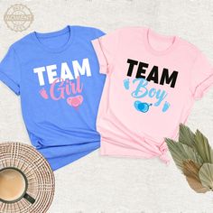 Gender Reveal Group Shirts, Team Girl Tshirt, Team Boy Tee, Baby Shower Family Tee, Baby Announcement Tee, He or She Gender Reveal Group Tee. Welcome to BestMomentTees! Step into a world of comfort and style with our handmade shirts from the renowned Bella Canvas brand. The solid colors are 100% pure cotton, while the delightful heather colors are a charming blend of 52% cotton and 48% polyester. 🍃 Each shirt is a true labor of love, meticulously created using the innovative DTF printing method. From the initial design spark to the final printed masterpiece, my shirts are crafted with utmost care and passion. 💖 I believe that my shirts are more than just garments; they are wearable works of art, infused with positive energy and creative vibes. Whether you're looking for an everyday casua Cute T-shirt With Name Print For Gender Reveal, Pink Pre-shrunk T-shirt For Gender Reveal, Gender Reveal T-shirt With Name Print, Family Matching Short Sleeve T-shirt For Gender Reveal, Cute T-shirt With Funny Print For Gender Reveal, Short Sleeve T-shirt With Name Print For Gender Reveal, Cute Letter Print T-shirt For Gender Reveal, Family Matching Crew Neck Tops For Gender Reveal, Family Matching Blue T-shirt With Name Print