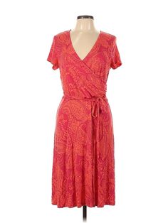 Lands' End Casual Dress Size: 10 Red Dresses - used. No Fabric Content, Wrap, V Neck, Paisley, Midi/Calf Length, Short Sleeve | Lands' End Casual Dress - Wrap: Red Paisley Dresses - Used - Size 10 Knee-length Paisley Print Summer Dress, Red V-neck Printed Sundress, V-neck Paisley Print Midi Dress For Beach, Red Casual Dress, Patterned V-neck Paisley Print Dress, Paisley Dresses, Patterned Paisley Print V-neck Dresses, Red Paisley, Dress Wrap