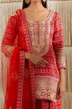 Shop for Shyam Narayan Prasad Red Modal Satin Floral Print Kurta Sharara Set for Women Online at Aza Fashions Printed Sharara, Kurta Sharara Set, Kurta Sharara, Short Kurta, Embroidered Motifs, Gota Work, Embroidered Dupatta, Sharara Set, Red Shorts