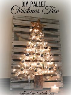 a wooden pallet christmas tree with lights on it