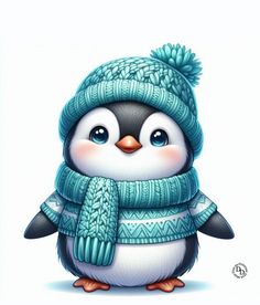 a penguin wearing a blue knitted hat and scarf