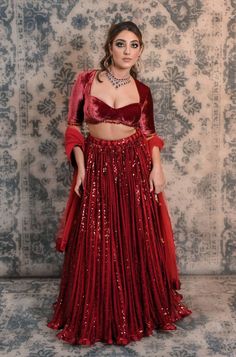 Maroon Colour Sequins Lehenga Lehenga Simple, Sequins Lehenga, Stylish Lehenga, Maroon Lehenga, Bead Tassels, Maroon Colour, Work Lehenga, Velvet Blouse, Velvet Blouses