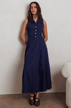 DETAILS Collared neckline Sleeveless Front button Invisible side MATERIAL 65% Cotton 35% Polyester Denim Maxi Dress, Denim Maxi, Color Rosa, Sale House, Denim Dress, Pretty In Pink, Blue Denim, Prom, Maxi Dress