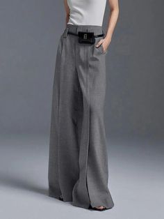 Loose fit Pockets Wide leg pants Material: spandex,polyester Zipper Fly For the perfect fit, kindly refer to our carefully curated size chart before placing your order. Size Waist Hips Length Inseam S 72 100 106 72 M 76 104 107 72.5 L 80 108 109 73.5 XL 84 112 110 74 Thank you for choosing our online store. We are dedicated to providing you with an exceptional shopping experience, offering unique, statement designs crafted with the finest quality materials. Our fast shipping and dedicated customer service ensure a seamless and enjoyable experience. Casual Tailored Full Length Bottoms, Tailored Full-length Casual Bottoms, Fitted Full Length Dress Pants With Elastic Waistband, Fitted Gray Pants With Pockets, Gray Tailored Trousers, Tailored Gray Trousers, Fitted Straight Leg Gray Bottoms, Gray Fitted Straight Leg Bottoms, Elegant Full-length Gray Bottoms