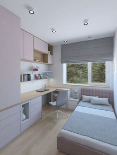 a bedroom with a bed, desk and shelves on the wall next to a window