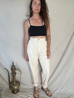 Incredibly high waist vintage trousers in an ivory color 100% cotton Fitted Cream Cotton Pants, Ecru Cotton Bottoms For Summer, Cream Straight Leg Cotton Chinos, Cream Cotton Straight Leg Chinos, Chic Cotton Chinos With Tapered Leg, Cream Cotton Tapered Leg Pants, Cream Wide Leg Cotton Bottoms, Chic Neutral Cotton Bottoms, Chic Cotton Ankle-length Chinos