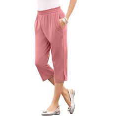 A kicky style in a best-selling fabric you're sure to love. Side slits at hem. Casual Pink Knee-length Bottoms, Spring Pink Pull-on Bottoms, Casual Pink Capris For Spring, Pink Stretch Bottoms With Pull-on Style, Pink Stretch Cropped Leg Pants, Pink Stretch Cropped Pants, Comfortable Capri-length Bottoms For Spring, Casual Pink Capri Length Pants, Casual Pink Capri Pants