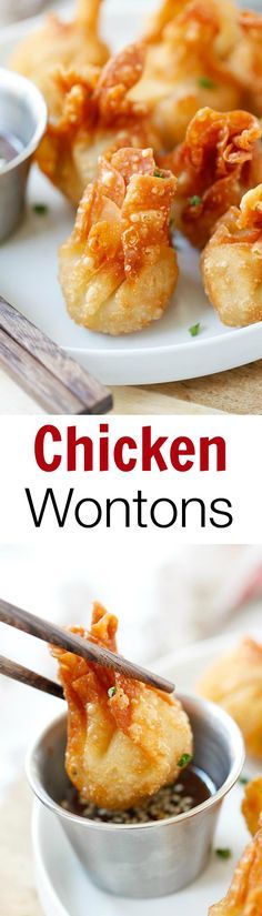 chicken wontons on a white plate with dipping sauce in the middle and an image of