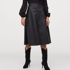 H&M Faux Leather Midi Skirt Size: 2 *Xs Listed For Exposure. Flared, Calf-Length Skirt In Faux Leather High Waist Concealed Side Zip With Snap Fasteners Visible Seams Front And Back Unlined Shell: Polyester 100% Coating: Polyurethane 100% Approximate Measurements: Waist: 12.5” Length: 29.5” Chic Long Pencil Skirt For Fall, Chic Winter Pencil Skirt, Faux Leather Fitted Skirt For Work, Chic Flared Mini Skirt For Office, Fitted Faux Leather Skirt For Work, Chic Long Skirt Bottoms For Winter, Chic Faux Leather Pencil Skirt For Work, Faux Leather Midi Skirt For Fall, Fashion-forward Fitted Skirt For Fall