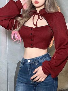 Spring T Shirts, Winter Trends, Mua Sắm, Solid Clothes, Tops Fall, College Fashion, Fall Outfits Women, Pure Color, Long Sleeve Crop Top