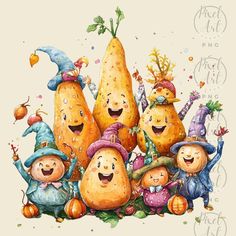 a group of cartoon characters standing next to each other in front of some pumpkins