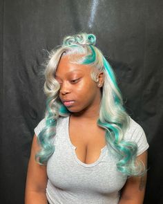 Silver Green Highlight Wavy Ombre Lace Front Wig Human Hair Wig Lace Front Wig Virgin Human Hair Same as image 150%Density Same as image Wig Inspiration, Colored Hairstyles, Ombre Lace Front Wig, Wigs Hairstyles, Colorful Wigs, Colored Weave, Frontal Wig Hairstyles, Ombre Lace Front, Mint Hair