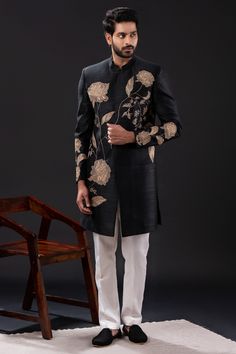 Elegant Semi-stitched Sherwani In Straight Kurta Style, Elegant Sherwani With Zari Work Straight Kurta, Elegant Sherwani With Zari Work, Elegant Designer Wear Sherwani With Straight Kurta, Elegant Embroidered Sherwani Straight Kurta, Elegant Churidar With Gold Embroidery For Eid, Elegant Kurta With Gold Embroidery For Transitional Season, Elegant Kurta With Gold Embroidery, Black Semi-stitched Elegant Sherwani