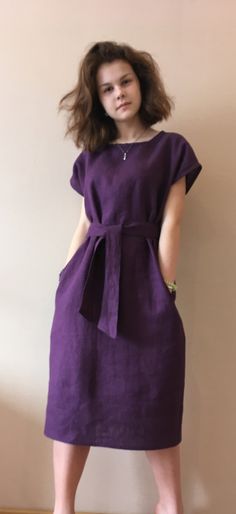 "Linen dress for women, it's elegant, minimalist, and is sure to compliment every occasion, from formal gatherings to outings with friends. Made from 100% European flax, length is ± 110 cm (43\") EASY CARE: machine washable (40 C/104 F); tumble dry on low heat; wash separately or with similar colors. Wrinkliness is part of linen's charm - the wrinklier the fabric, the purer it is. We do not recommend to iron your linens but if you must, do it on low heat when the garment is still a little damp." Linen Night Dress, Elegant A-line Linen Dress With Pockets, Cotton Shift Dress In Solid Color, Linen Dress With Straight Neckline For Daywear, Elegant Cotton Dresses With Relaxed Fit, Elegant Cotton Dress With Relaxed Fit, Elegant Plain Dress For Daywear, Summer Purple Dresses With Pockets, Linen Solid Color Daywear Dresses