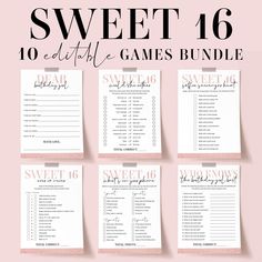 the sweet 16 game bundle is shown with pink and black text, which reads sweet 16