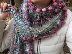 Scarf and GIFT matching earrings, Gray colorful winter fashion accessories hand knit textured shawl, perfect Christmas gift. One of a kind, perfect choice for you, because you are unique too.  This amazing mix of fibers is so soft and adds rustic charm to this lovely scarf who can be worn with all of your wardrobe pieces, sweaters, jackets, coats, jeans...This scarf is perfectly warm, for any occasion, and it can be beautiful gift for someone you love. GIFT READY: This scarf is ready to ship and Colorful Winter Fashion, Pompom Scarf, Winter Accessories Fashion, Fringe Shawl, Boho Fringe, Boho Scarfs, Winter Mode, Hand Knit Scarf, Boho Accessories