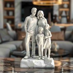 a family figurine sitting on top of a marble table in front of a couch