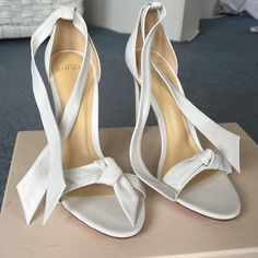 Brand New Never Worn Heels! Great For A Bride! Modern Wedding Heels With Wrapped Heel, White Heels With Sculpted Heel For Events, Leather Wedding Shoes With Wrapped Heel, White Leather Heels For Events, Modern 4-inch Heel Wedding Heels, Luxury Wedding Shoes With Block Heel And Heel Strap, Designer Wedding Heels With Sculpted Heel, Wedding Heels With Open Heel, Brown Platform Sandals