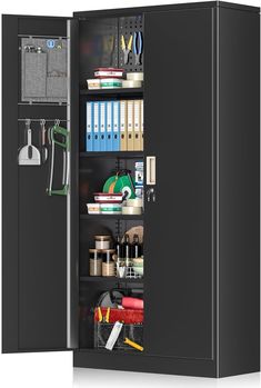 a large black cabinet with many items in it and some books on the shelves next to it