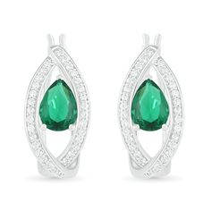 These 7.0 x 5.0mm pear-shaped lab-created emerald and petite round lab-created white sapphire-lined marquise-shaped orbit-style framed hoop earrings are set in sterling silver and secure with latch backs. Elegant Small Hoop Green Earrings, Elegant Green Huggie Earrings, Fine Jewelry Sterling Silver Hoop Earrings With Gemstone, Fine Jewelry Green Sterling Silver Hoop Earrings, Sterling Silver Hoop Earrings With Gemstones, Elegant Small Hoop Gemstone Earrings, Fine Jewelry Teardrop Gemstone Hoop Earrings, Classic Sterling Silver Gemstone Hoop Earrings, Teardrop Gemstone Hoop Earrings In Fine Jewelry Style