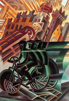 a painting of a man riding a bike in front of a large cityscape