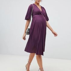 Gorgeous V-Neck Maternity Dress With V-Neck And Pleats In Deep Purple. Nwt Size 6. Check Out My Other Maternity And Nursing Pieces And Bundle With Multiple Items For The Best Deal! Maternity Occasion Dress, Eggplant Dress, Maternity Shirt Dress, Plisse Dress, Maternity Midi Dress, Dress With Pleats, Flowy Mini Dress, Asos Maternity, Maxi Bridesmaid Dresses