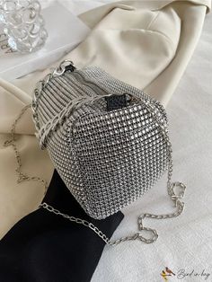 BirdinBag - Square Bag with Rhinestone Embellishments Evening Bucket Bag With Rhinestones, Evening Bucket Bags With Rhinestones, Elegant Bucket Bag With Rhinestones, Elegant Rhinestone Bucket Bag, Silver Shoulder Box Bag For Party, Silver Bucket Bags With Chain Strap, Large Capacity Silver Party Bag, Silver Large Capacity Shoulder Bag For Party, Silver Rhinestone Pouch Bag