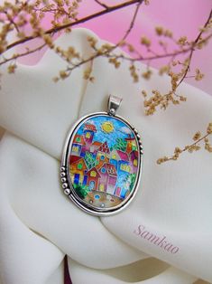 Enameling Jewelry, Cloisonne Enamel Jewelry, Enamel Locket, Cloisonne Jewelry, Colorful Houses, Pendant Locket, Cloisonne Enamel, Handmade Jewelry Gift, Colorful Jewelry