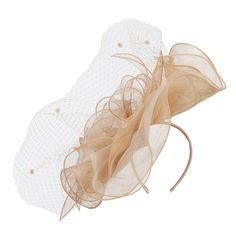 Flower Net Sinamay FascinatorMade of 100% sinamay.One size fits most women with a flexible headband, fitting up to XL.Adult/Woman.Headband measures 0.5 inches wide.Decoration measures around 16 x 16 inches.Hand wash only.Imported. Decorative headband fascinator for ladies' special outings.Headband is flexible.Headband is accented with a big flower on one side.Flower decoration is detailed with a net and pom poms.Our beautiful fascinator can be worn to weddings, garden outings, tea parties, costu Elegant Spring Fascinator With Matching Headband, Elegant Spring Party Veil, Summer Party Tulle Headpiece, Summer Party Headpieces Made Of Tulle, Elegant Spring Event Headband, Kentucky Derby Wedding Guest Headband, Summer Fascinator With Matching Headband, Chic Fascinator Headband For Events, Summer Evening Fascinator Headband