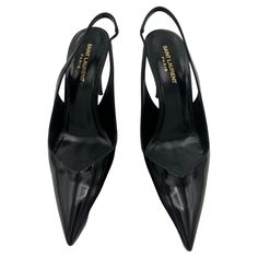 Product details: The shoes feature pointed toe and slingback strap style. Heel height is 4”. Made in Italy. Chic High Heels, Black Patent Pumps, Wishlist 2024, Ysl Shoes, Patent Shoes, Pumps Shoes, Slingback Heel, Derby Shoes, Shoes Black