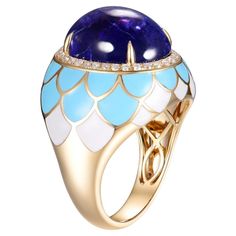 This ring, a size US 6.5 with the option for resizing, is a celebration of color and craftsmanship. At its zenith sits an 10.32-carat tanzanite, captivating with its deep blue-violet tones, symbolic of grandeur. This sizable gemstone is polished to a smooth dome, showcasing the tanzanite's natural luster and depth. Encircling the tanzanite is a ring of white round diamonds, with a total weight of 0.25 carats. These diamonds are precision set, forming a glittering boundary that accentuates the central stone's brilliance. The band of the ring is adorned with blue and white enamel, applied with meticulous care to create a scalloped pattern that wraps elegantly around the finger. The enamel work, with its smooth finish and playful alternation of colors, adds a contemporary flair to the piece. Tanzanite Diamond, Enamel Ring, Domed Ring, Blue Violet, Marc Fisher, White Enamel, Deep Blue, Round Diamonds, Brain