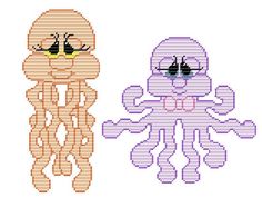 two cross stitched pictures of an octopus and a jellyfish