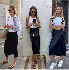 Long Skirts With Tennis Shoes Outfits, Scandinavian Street Style Summer, Navy Satin Skirt Outfit, Black Satin Skirt Outfit Summer, Blue Silk Skirt Outfit, Black Silk Skirt Outfit, Satin Skirt Outfit Summer, Black Satin Skirt Outfit, Black Slip Skirt