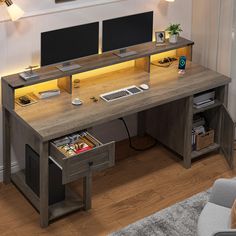 a computer desk with two monitors on it and a keyboard in the bottom drawer next to it