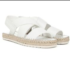 Brand New With Tags Vince White Espadrilles. A Rope Of Thick Braided Jute Wraps The Sole Of This Espadrille Sandal That Pairs Soft Straps On The Leather Upper And A Sporty Rubber Tread. Features Include Velcro Adjustable Heel Strap, Leather Upper And Lining, Rubber Sole. White Textured Sole Sandals For Vacation, Leather Espadrilles With Textured Footbed, Summer Leather Espadrilles With Textured Footbed, White Casual Slingback Sandals With Leather Footbed, Casual Slingback Espadrille Sandals With Round Toe, Casual Espadrille Slingback Sandals With Round Toe, White Ankle Strap Sandals With Textured Sole, White Sandals With Textured Sole For Spring, White Flat Espadrille Sandals