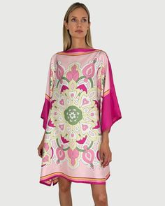 PRINTED SILK SAVOIA KAFTAN : PINK Beach Boutique, Cashmere Poncho, Silk Kaftan, Lace Jacket, Scarf Poncho, Printed Silk, Cashmere Scarf, Silk Scarves, Shirt Sale