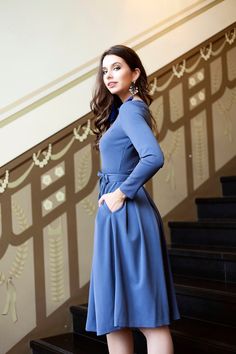 Blue dress with side pockets ➤ Features > Dress length: 99cm (38,97'') - 102cm (40,15'') > Long sleeves > Rounded neckline > Folds in skirt part > Zipper on the back ➤ Sizing My Size Guide in FAQ section below will help you define the perfect size match. The item can also be made according to your measurements - just message them to me. ➤ Delivery Your item is made-to-order and will be ready within 2-7 days. Average delivery times: > North America: up to 1-2 weeks > New Zeal Blue Dress For Women, Long Sleeve Dress Plus Size, Blue Dresses For Women, Rounded Neckline, Dress Long Sleeve, Dress Plus Size, Dress Party, Dress For Women, Blouse Dress