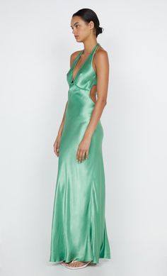 Designed in a flattering silhouette, the BEC + BRIDGE Zariah Halter Dress is cut from a lustrous fabric. The dress features a deep V and a statement halter neckline that ties above an open back. This product is certified Australian made. Green V-neck Halter Dress For Party, Green Halter Neck Dress For Date Night, Green Halter Neck Backless Party Dress, Green Halter Neck Dress For Evening, Green Halter Neck Cocktail Dress, Green Fitted Backless Dress For Formal Occasions, Green Backless Gala Dress, Green Halter Neck Backless Dress For Night Out, Party V-neck Backless Dress With Bias Cut